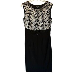 Tahari Black and Silver Chevron Pattern Midi Sheath Dress, Size 6